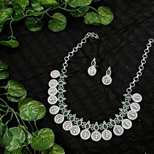 Green Stones Oxidised Silver Necklace with Earrings - SSEthnics