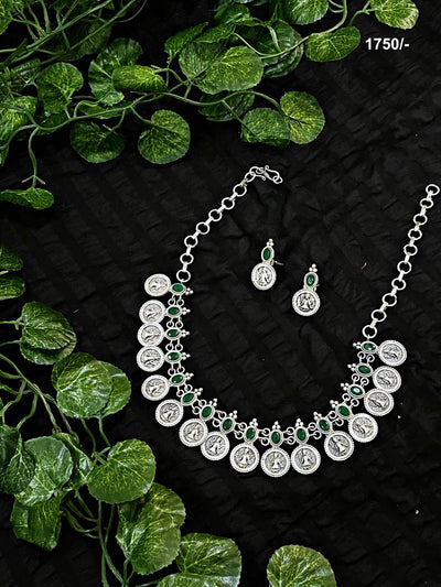 Green Stones Oxidised Silver Necklace with Earrings - SSEthnics
