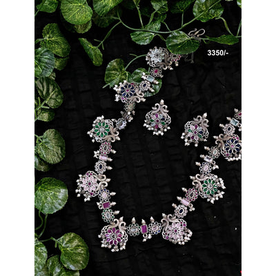 Multicolour Stones Oxidised Silver Necklace with Earrings - SSEthnics