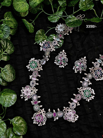 Multicolour Stones Oxidised Silver Necklace with Earrings - SSEthnics