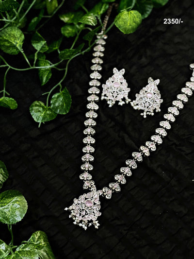 Light Pink Stones Oxidised Silver Necklace with Earrings - SSEthnics
