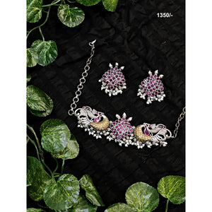 Pink Peacock Oxidised Silver Necklace with Earrings - SSEthnics