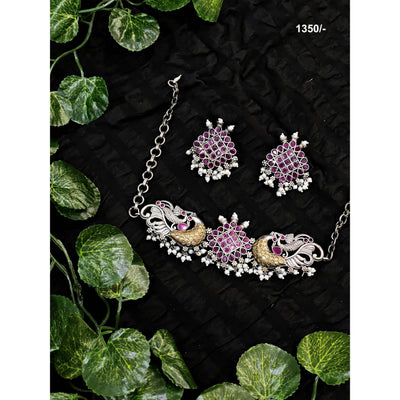 Pink Peacock Oxidised Silver Necklace with Earrings - SSEthnics
