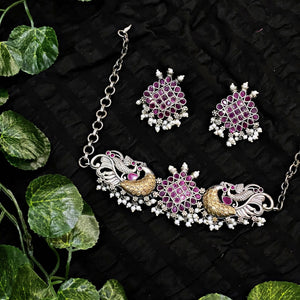 Pink Peacock Oxidised Silver Necklace with Earrings - SSEthnics