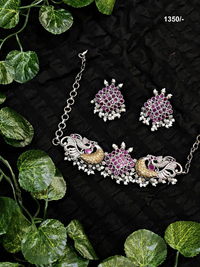 Pink Peacock Oxidised Silver Necklace with Earrings - SSEthnics