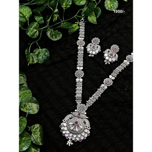 Oxidised Silver Long Necklace with Earrings - SSEthnics