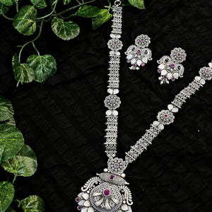 Oxidised Silver Long Necklace with Earrings - SSEthnics