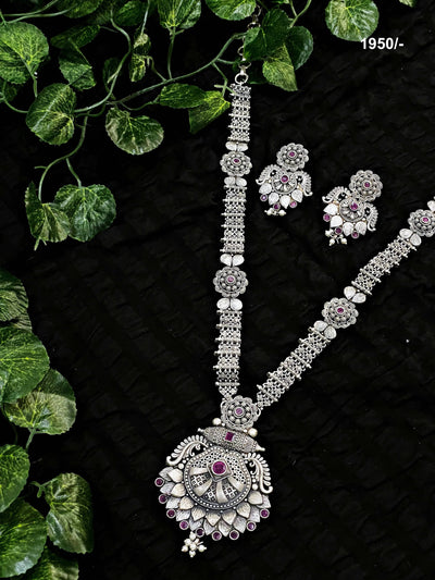 Oxidised Silver Long Necklace with Earrings - SSEthnics