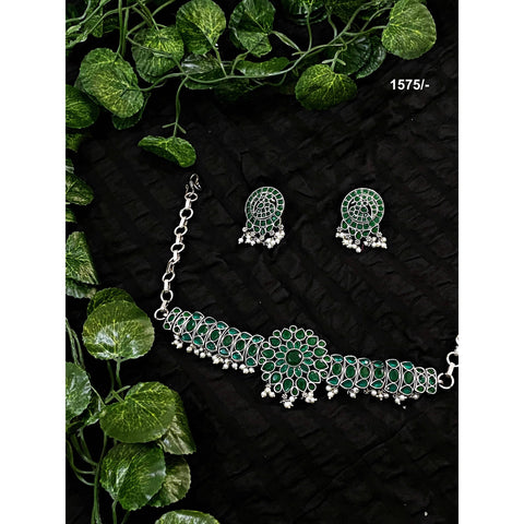 Green Stones Oxidised Silver Necklace with Earrings