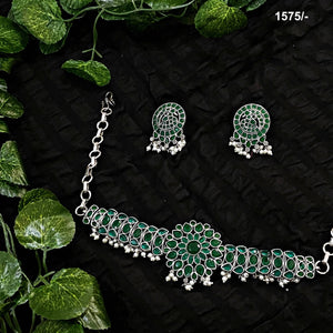 Green Stones Oxidised Silver Necklace with Earrings - SSEthnics
