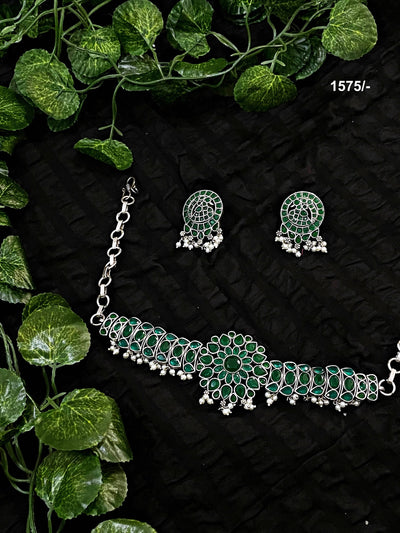 Green Stones Oxidised Silver Necklace with Earrings - SSEthnics