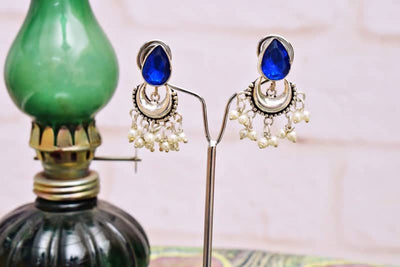 Blue Stone Oxidised Silver Bali - SSEthnics