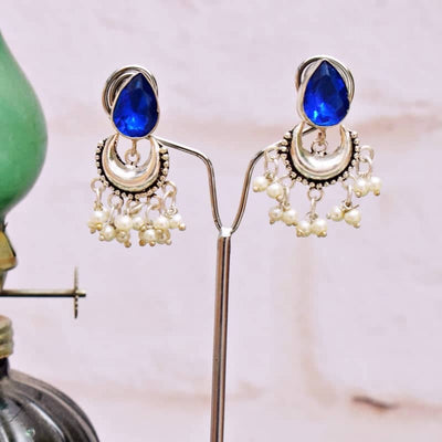 Blue Stone Oxidised Silver Bali - SSEthnics