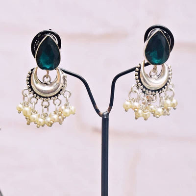 Teal Stone Oxidised Silver Bali - SSEthnics