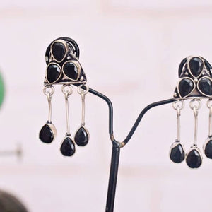Black Stone Oxidised Silver Earring - SSEthnics