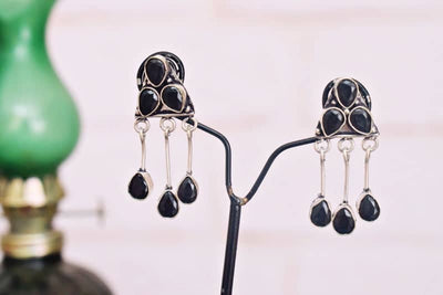 Black Stone Oxidised Silver Earring - SSEthnics