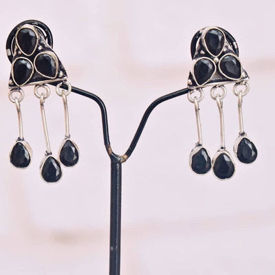 Black Stone Oxidised Silver Earring - SSEthnics