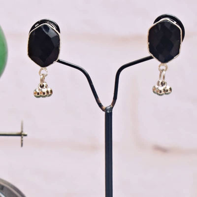 Black Stone Oxidised Silver Earring - SSEthnics