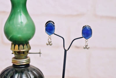 Blue Stone Oxidised Silver Earring - SSEthnics