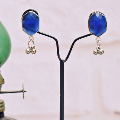 Blue Stone Oxidised Silver Earring - SSEthnics