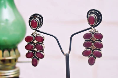 Red Stone Oxidised Silver Earring - SSEthnics