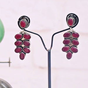 Red Stone Oxidised Silver Earring - SSEthnics