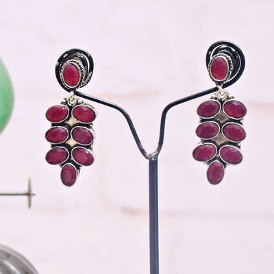 Red Stone Oxidised Silver Earring - SSEthnics