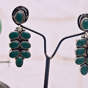 Green Stone Oxidised Silver Earring - SSEthnics