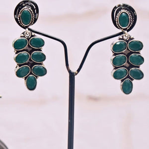 Green Stone Oxidised Silver Earring - SSEthnics