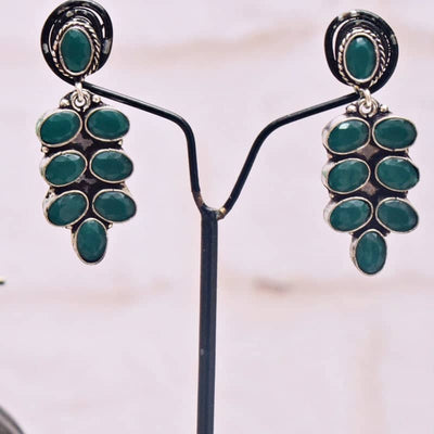 Green Stone Oxidised Silver Earring - SSEthnics