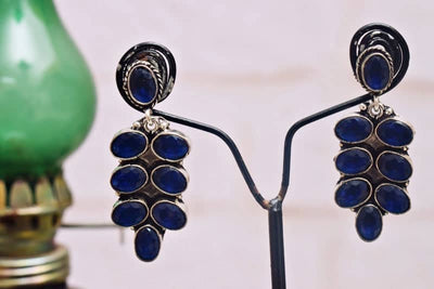 Navy Stone Oxidised Silver Earring - SSEthnics