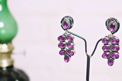 Pink Stone Oxidised Silver Earring - SSEthnics