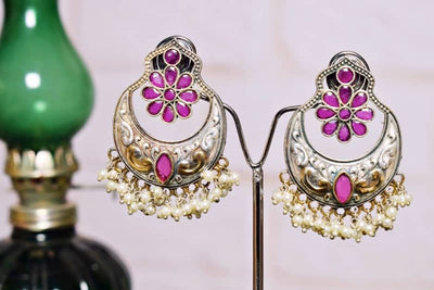 Pink Stone Oxidised Silver Earring - SSEthnics