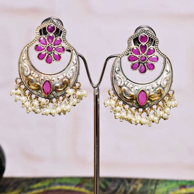 Pink Stone Oxidised Silver Earring - SSEthnics