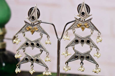 Black Stone Oxidised Silver Earring - SSEthnics