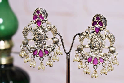 Pink Stone Oxidised Silver Earring - SSEthnics