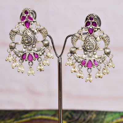 Pink Stone Oxidised Silver Earring - SSEthnics