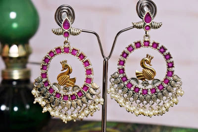 Pink Stone Oxidised Silver Earring - SSEthnics