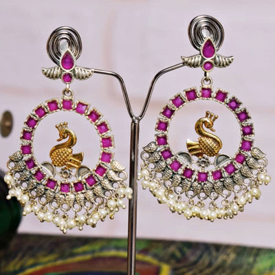 Pink Stone Oxidised Silver Earring - SSEthnics