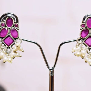 Pink Stone Oxidised Silver Earring - SSEthnics
