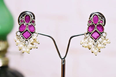 Pink Stone Oxidised Silver Earring - SSEthnics