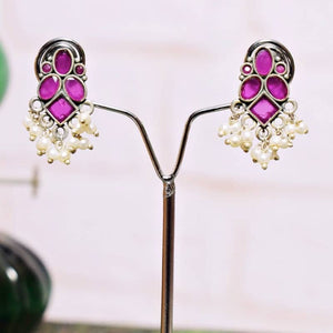 Pink Stone Oxidised Silver Earring - SSEthnics