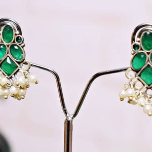 Green Stone Oxidised Silver Earring - SSEthnics