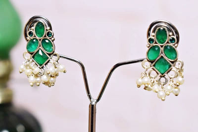 Green Stone Oxidised Silver Earring - SSEthnics