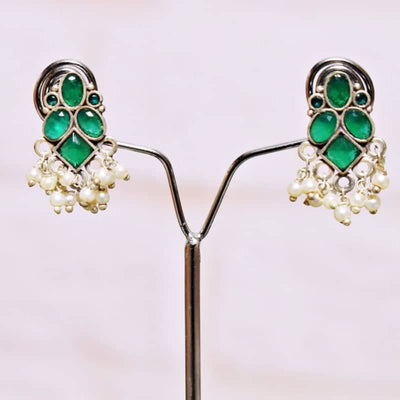 Green Stone Oxidised Silver Earring - SSEthnics