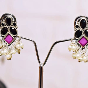 Black Stone Oxidised Silver Earring - SSEthnics