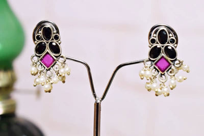 Black Stone Oxidised Silver Earring - SSEthnics