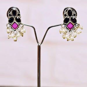 Black Stone Oxidised Silver Earring - SSEthnics