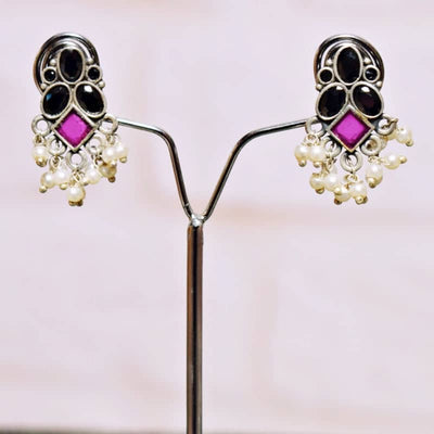 Black Stone Oxidised Silver Earring - SSEthnics