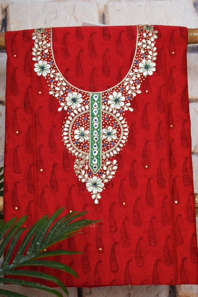 Red Gota Patti Cotton Unstitched Suit - SSEthnics